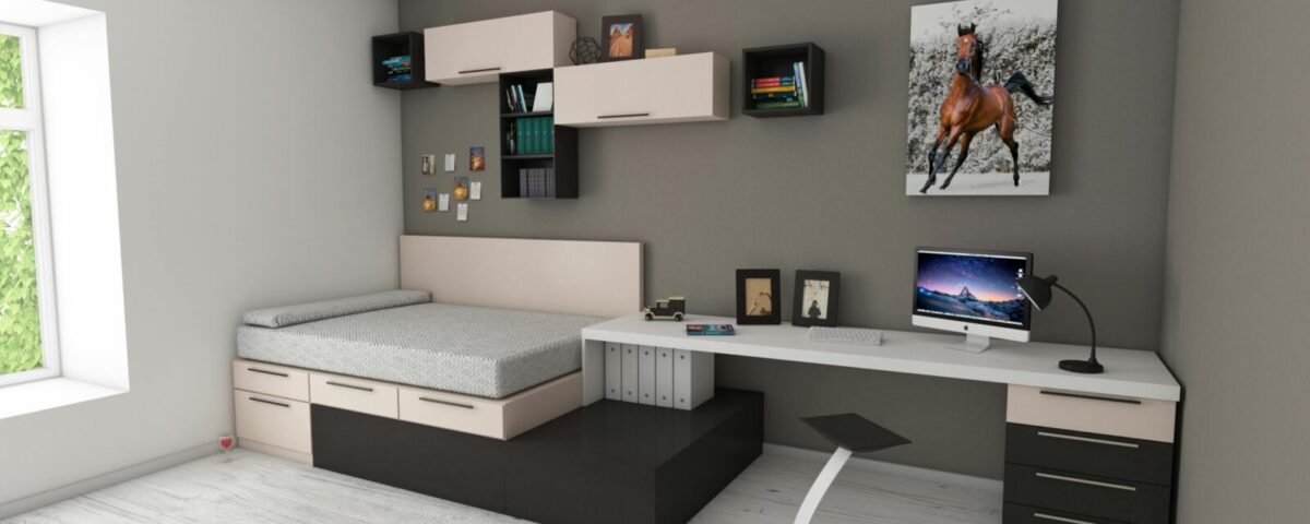 Stylish minimalist bedroom with modern furnishings and workspace area, perfect for home offices.