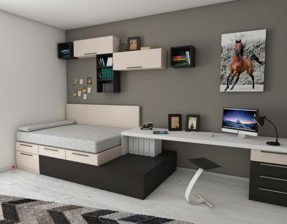 Stylish minimalist bedroom with modern furnishings and workspace area, perfect for home offices.